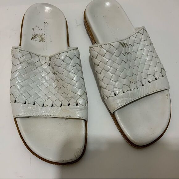 Sesto Meucci white tan Leather Woven Slide Sandals size 5 - Picture 2 of 6